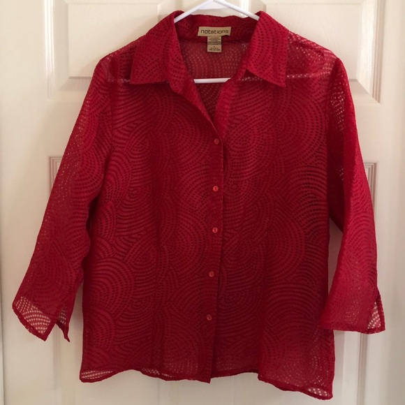 Notations Tops - *3/$15 Notations Red Circles Burnout Blouse Sz L EUC